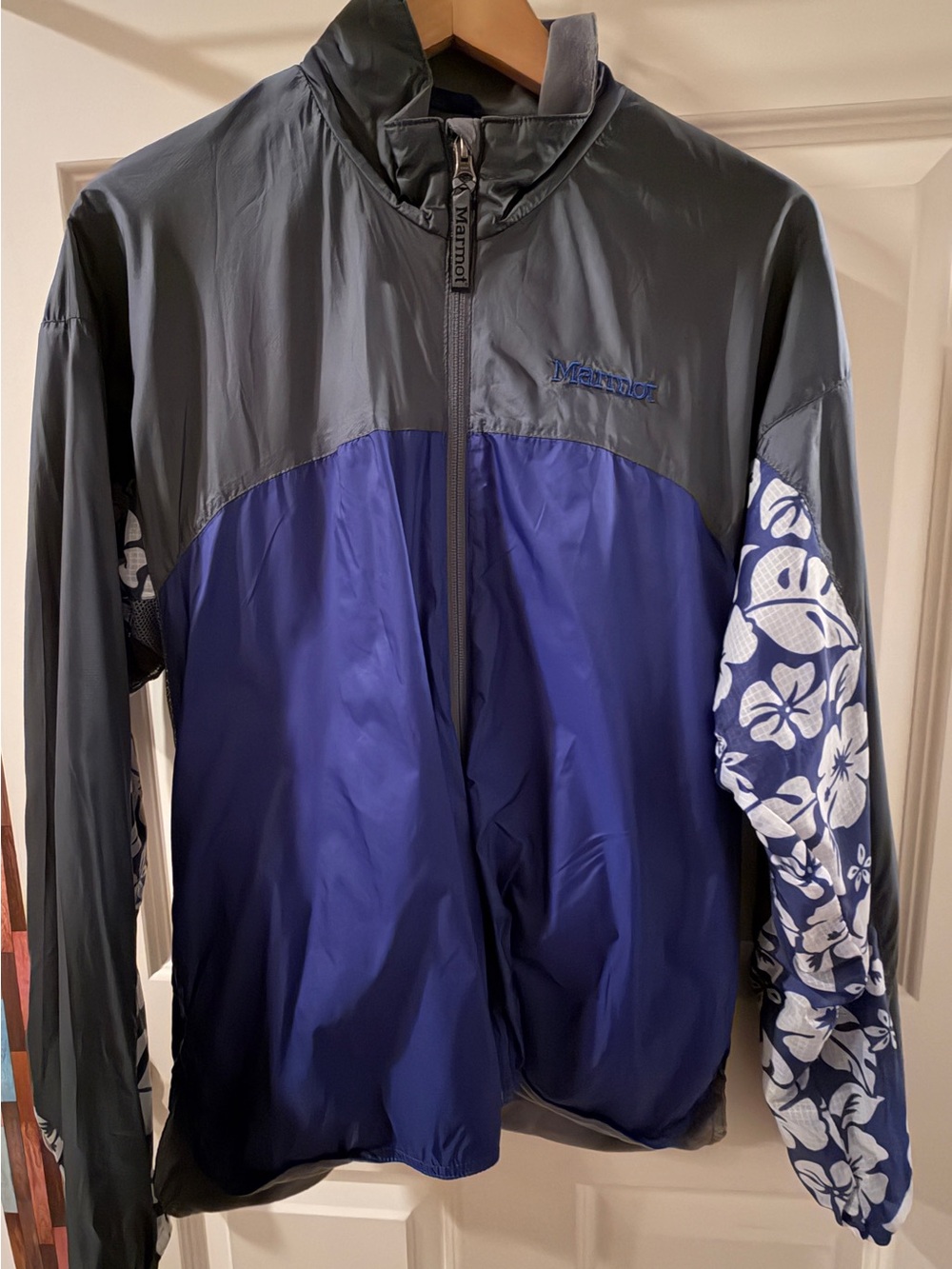 Marmot Two-Tone Navy and Gray Windbreaker with Floral Sleeves